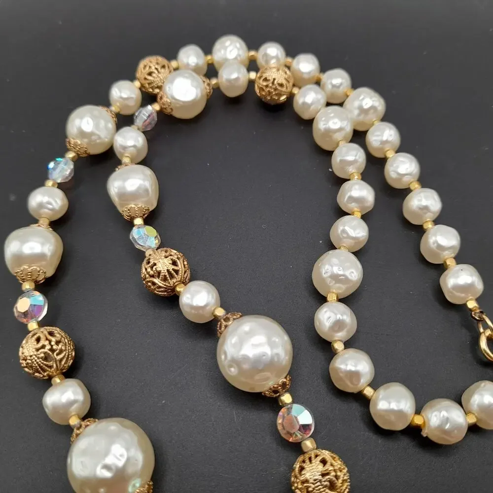 Vintage Faux Pearl Tassel Necklace, Aurora Borealis Crystals, 26